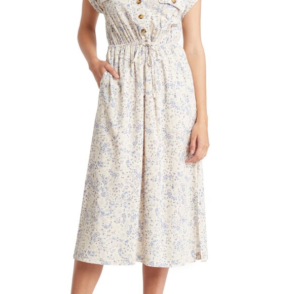 Lucky Brand | Short Sleeve Utility Dress | Printed Blue Floral - Picture 2 of 8